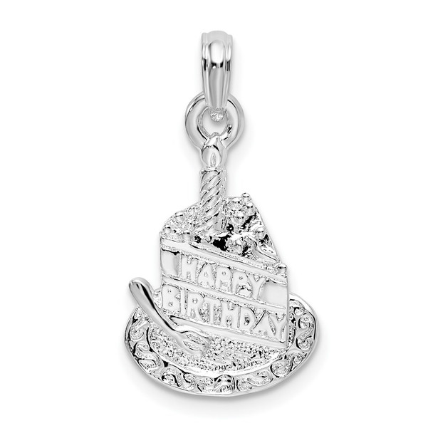 Sterling Silver Polished Happy Birthday Slice of Cake Pendant