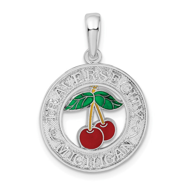 Sterling Silver Polished Enamel Traverse City,MI w/Cherry Pendant