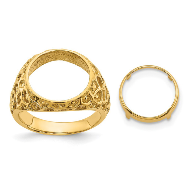 14k Gold Polished Men's Carved Nugget 13mm Coin Bezel Ring