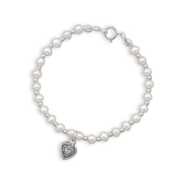 Sterling Silver 6" Cultured Freshwater Pearl and Silver Bead Bracelet with Oxidized Heart