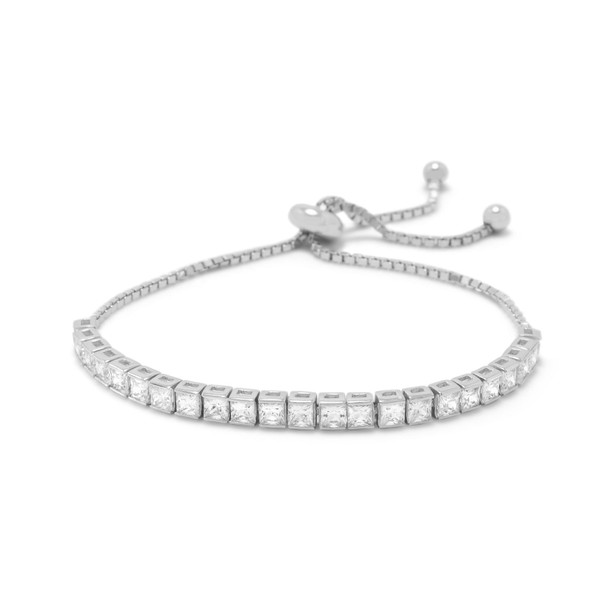 Sterling Silver Rhodium Plated Square CZ Friendship Bolo Bracelet