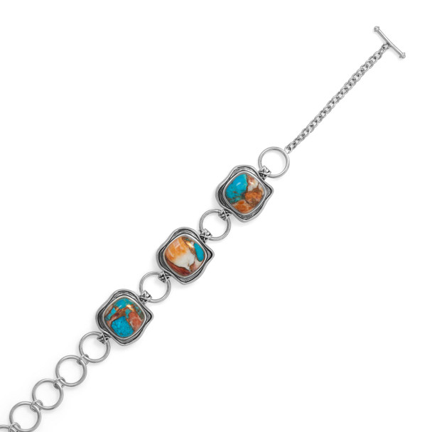 Sterling Silver Spiny Oyster and Simulated Turquoise Toggle Bracelet