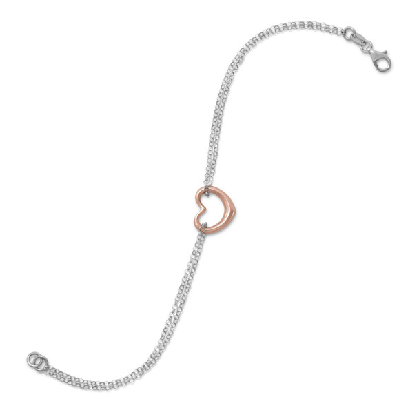 Sterling Silver Two Tone Double Strand Open Heart Bracelet