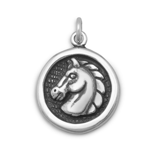 Sterling Silver Oxidized Disc Charm with Horse Profile