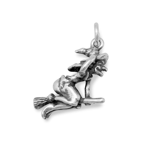 Sterling Silver Oxidized Witch on Broom Charm