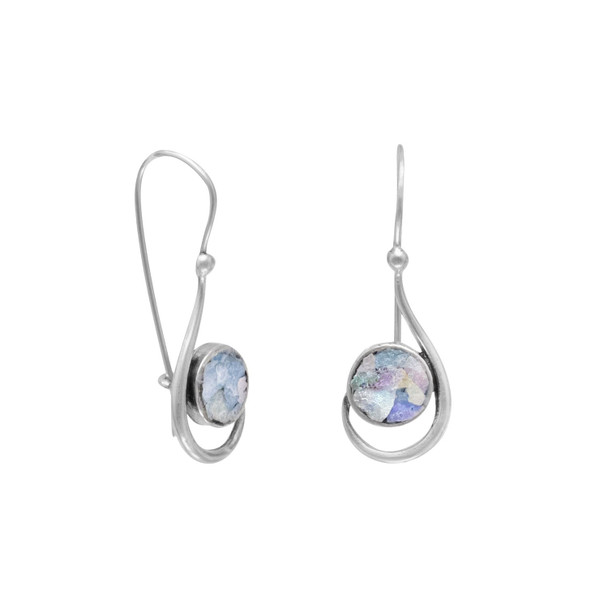 Sterling Silver Hook Shape Earrings with Roman Glass