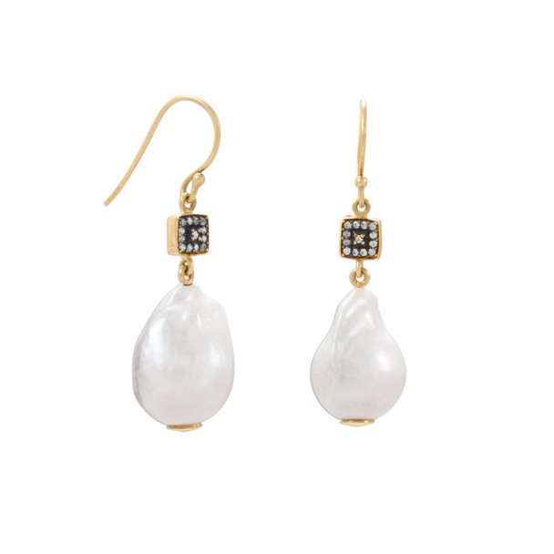 Sterling Silver 14 Karat Gold Plated CZ and Baroque Culture Cultured Freshwater Pearl Earrings