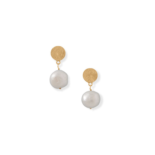 Sterling Silver 14 Karat Gold Plated Disk and Cultured Freshwater Pearl Drop Earrings