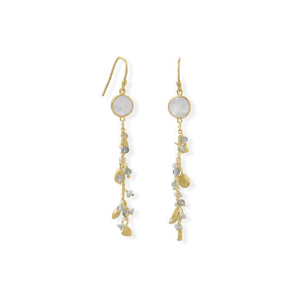 Sterling Silver 14 Karat Gold Plated Rainbow Moonstone, Labradorite and Cultured Freshwater Pearl Drop Earrings