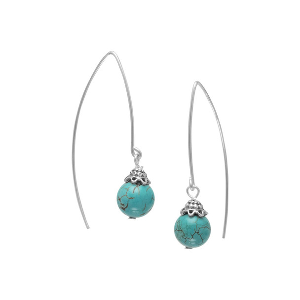 Sterling Silver 8mm Simulated Turquoise Bead Long Wire Earrings