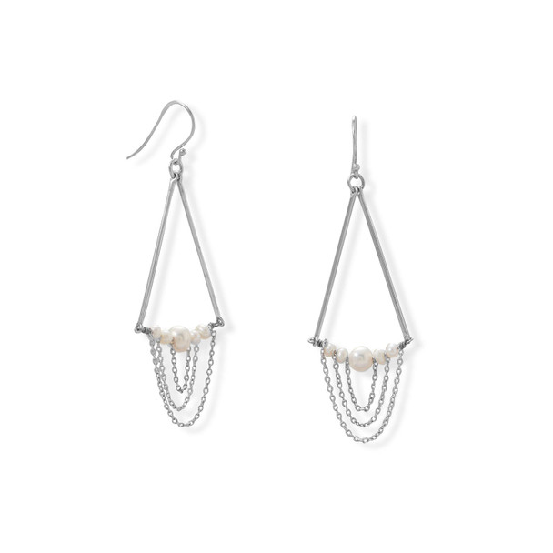 Sterling Silver Cultured Freshwater Pearl and Bar Chain Drop Earrings