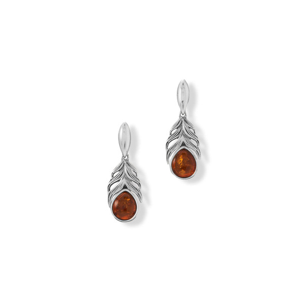 Sterling Silver Oxidized Amber Feather Earrings