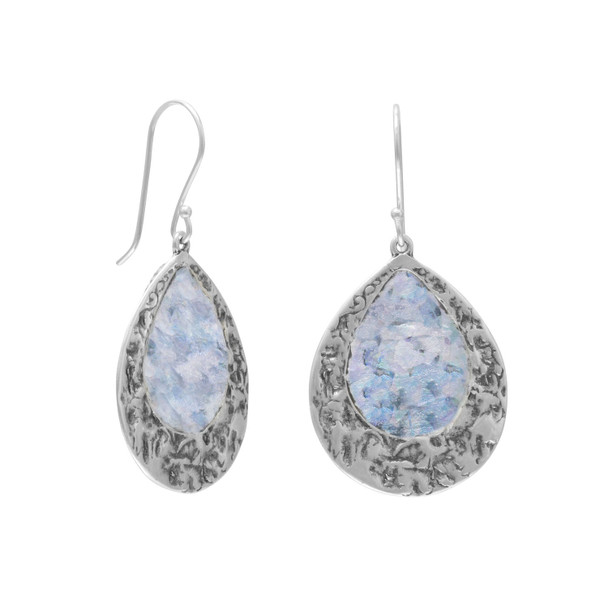 Sterling Silver Oxidized Pear Shape Roman Glass Earrings