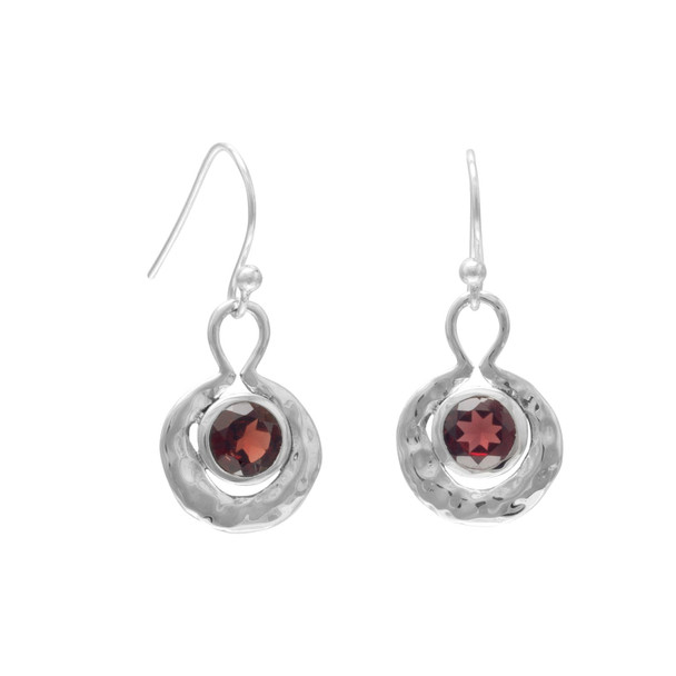 Sterling Silver Oxidized Round Hammered Earrings With Garnet