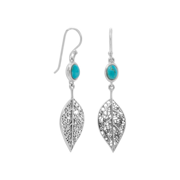 Sterling Silver Oxidized Simulated Turquoise and Leaf French Wire Earrings