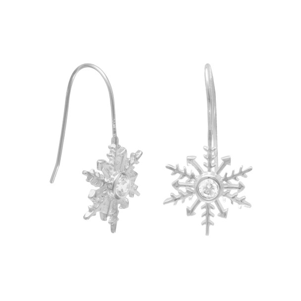 Sterling Silver Polished CZ Snowflake French Wire Earrings