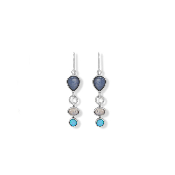 Sterling Silver Rainbow Moonstone, Kyanite and Synthetic Opal Drop Earrings