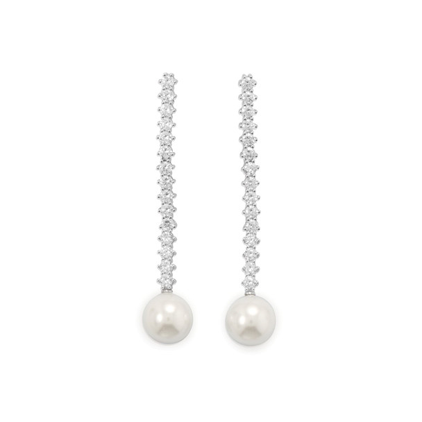 Sterling Silver Rhodium Plated CZ and Simulated Pearl Drop Earrings