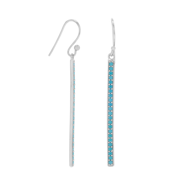 Sterling Silver Rhodium Plated Nano Simulated Turquoise Bar Earrings