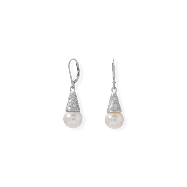 Sterling Silver Simulated Pearl and Pave CZ Cone Lever Earrings