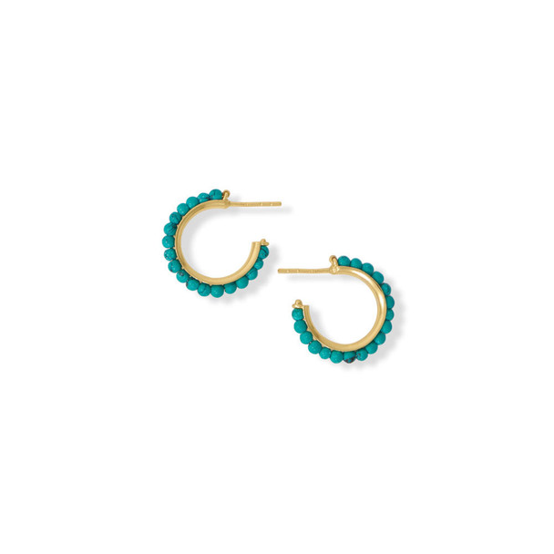 Sterling Silver 14 Karat Gold Plated Beaded Simulated Turquoise 3/4 Hoop Earrings