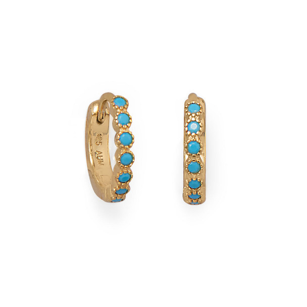 Sterling Silver 14 Karat Gold Plated Simulated Turquoise CZ Hoop Earrings