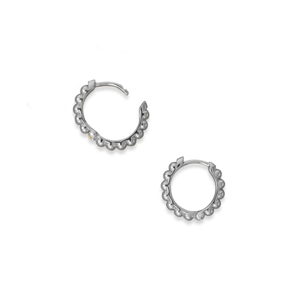 Sterling Silver Rhodium Plated Beaded Click Hoop Earrings