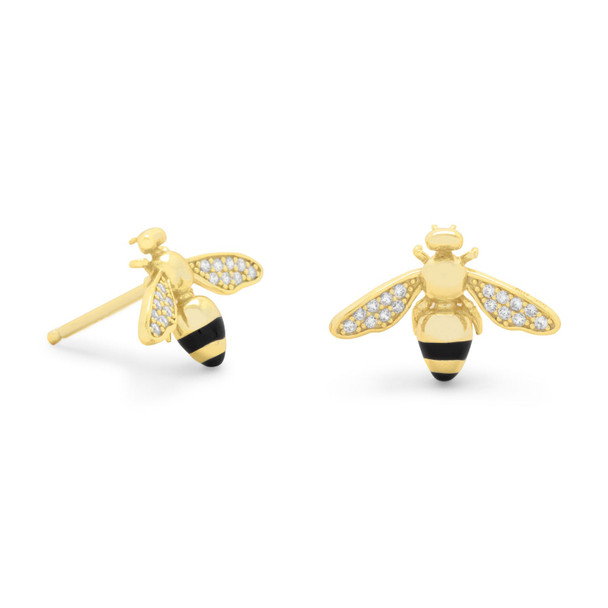 Sterling Silver "BEE Mine!" 14 Karat Gold Plated Signity CZ Bee Earrings