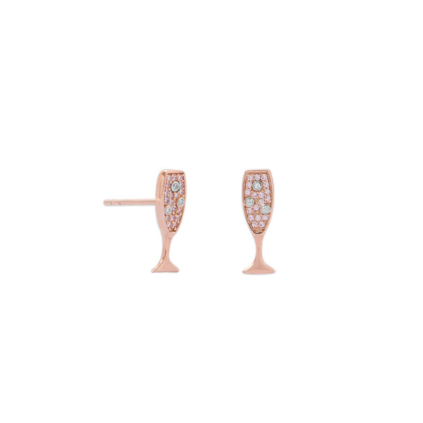Sterling Silver 14 Karat Rose Gold Plated CZ Champagne Glass Stud Earrings