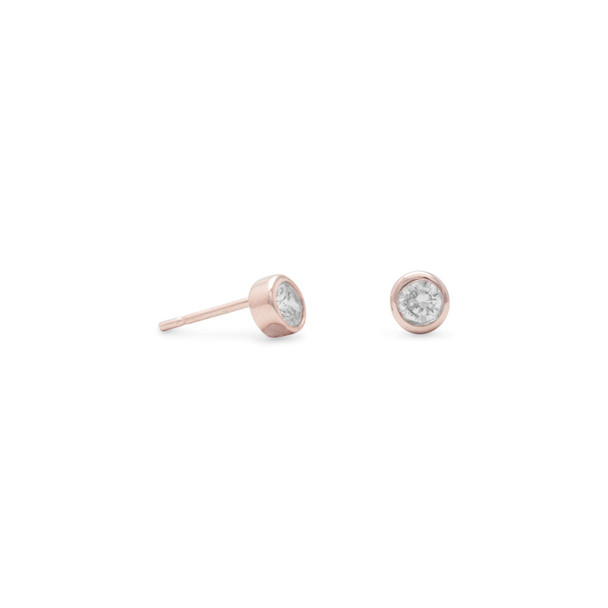 Sterling Silver 14 Karat Rose Gold Plated Stud Earrings with Bezel Set CZs