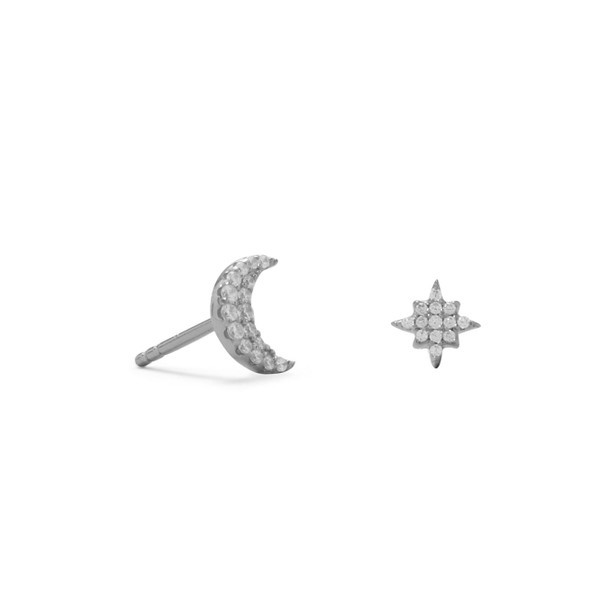 Sterling Silver Rhodium Plated CZ Moon and Star Stud Earrings