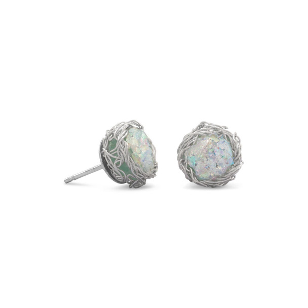 Sterling Silver Round Ancient Roman Glass Stud Earrings with Woven Wire Mesh