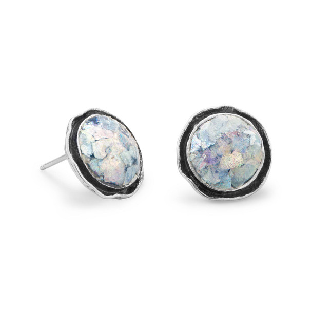 Sterling Silver Round Oxidized Edge Roman Glass Earrings