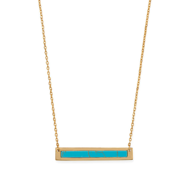 Sterling Silver 16"+2" 14 Karat Gold Plated Simulated Turquoise Bar Necklace