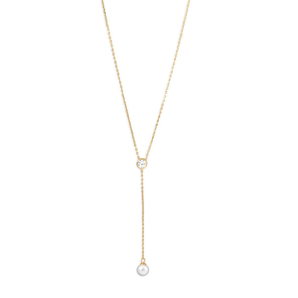 Sterling Silver 14 Karat Gold Plated Necklace with CZ and Imitation Cultured Freshwater Pearl Drop