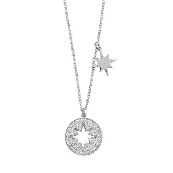 Sterling Silver 16" Rhodium Plated CZ Cut Out Starburst Necklace