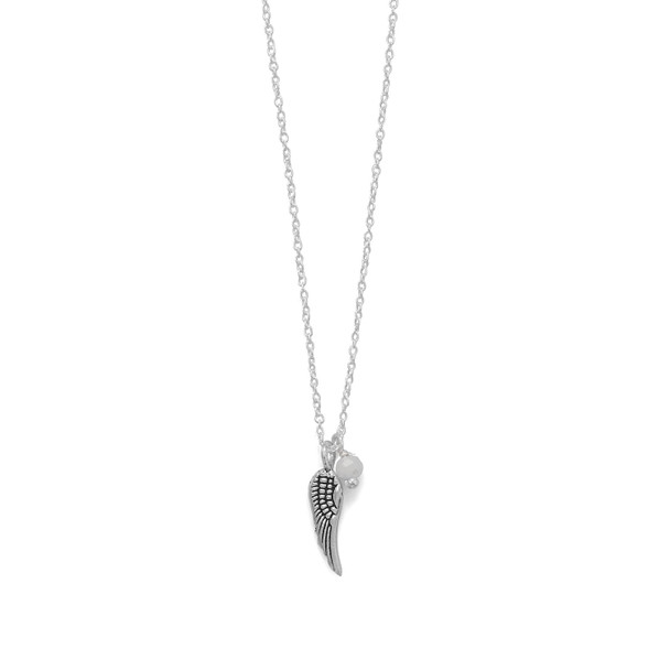 Sterling Silver 16.5" Angel Wing and Crystal Necklace