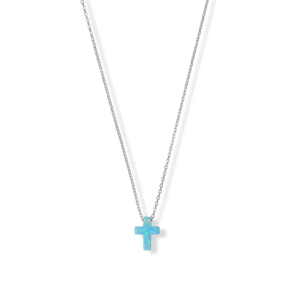 Sterling Silver 16" + 2" Rhodium Plated Synthetic Opal Cross Necklace