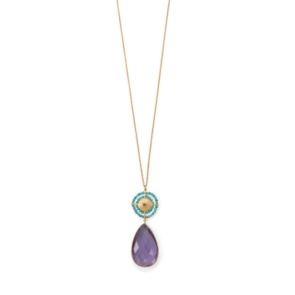 Sterling Silver 32" 14 Karat Gold Plated Amethyst and Amazonite Necklace