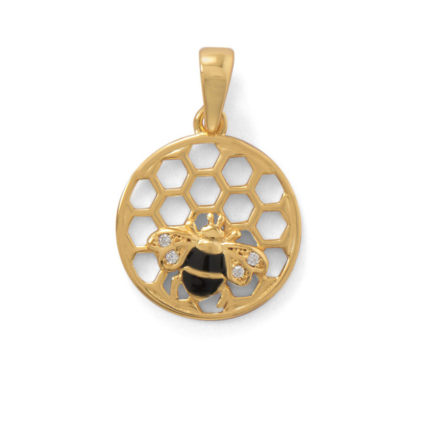 Sterling Silver "BEE Mine!" 14 Karat Gold Plated Honeycomb with Bee Pendant
