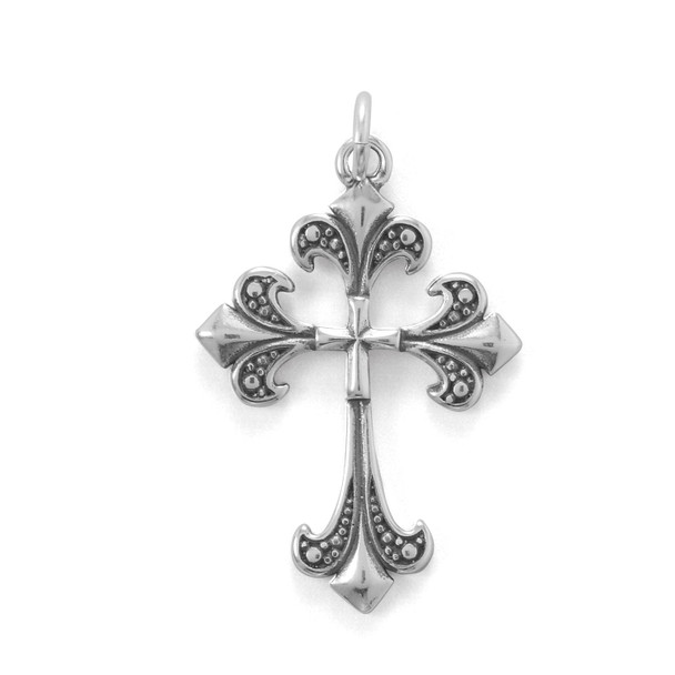 Sterling Silver Oxidized Fleur-De-Lis Cross Pendant