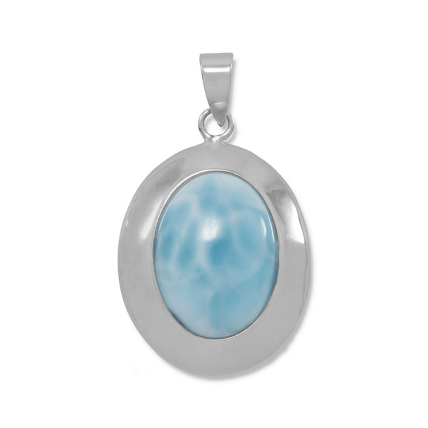 Sterling Silver Rhodium Plated Oval Larimar Pendant