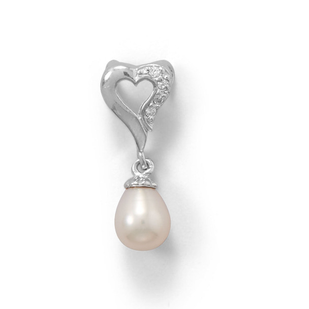 Sterling Silver Rhodium Plated Heart Slide with CZ and Cultured Freshwater Pearl