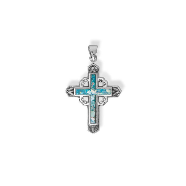 Sterling Silver Oxidized Deco Roman Glass Cross Pendant