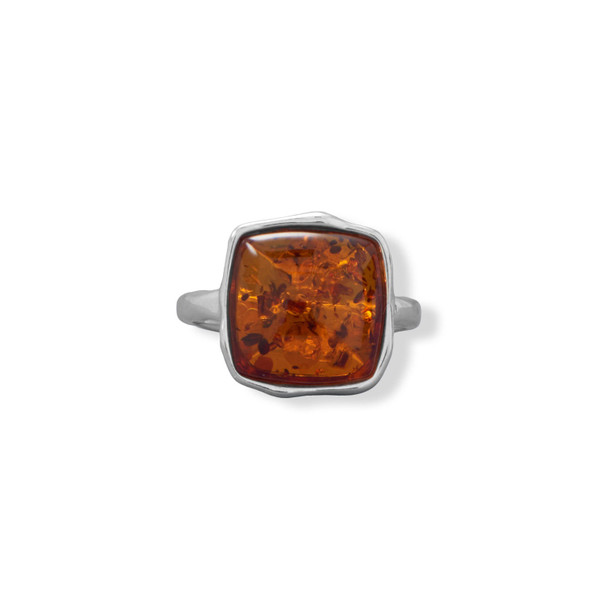Sterling Silver Hammered Square Amber Ring