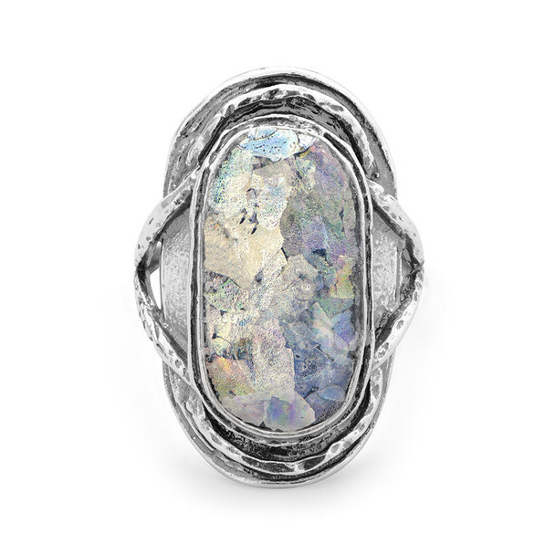 Sterling Silver Oxidized Oval Roman Glass Ring