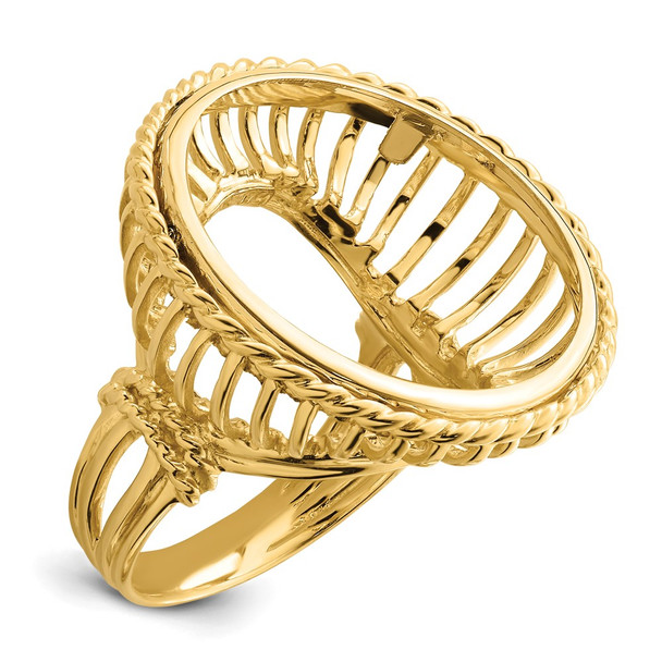 14k Yellow Gold Ladies Polished Wire & Twisted Rope 22.0mm Coin Bezel Ring