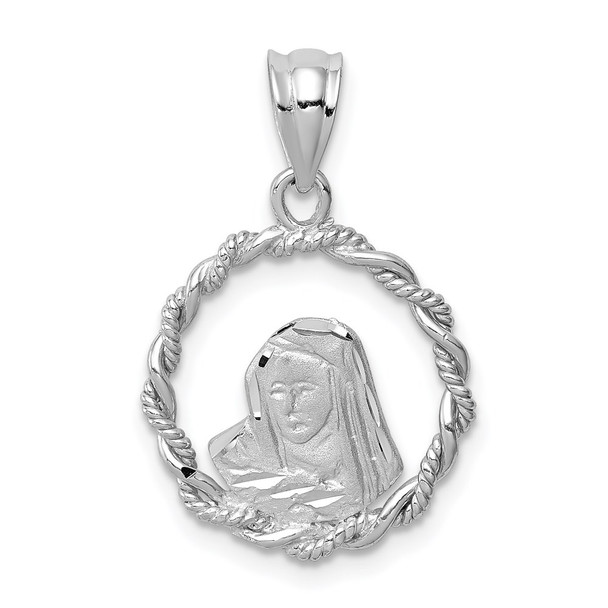 14K White Gold Brushed & Polished Diamond-cut Virgin Mary Pendant