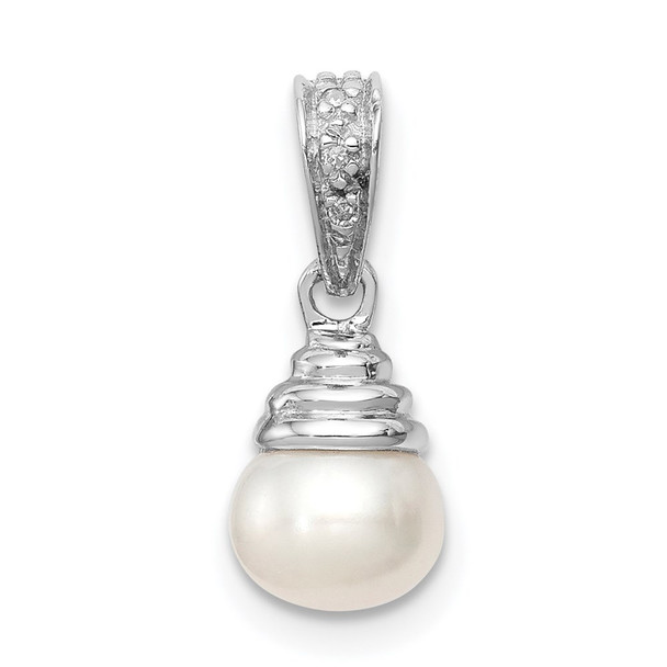 Sterling Silver Rhodium Plated 5-6mm Freshwater Cultured Pearl & Diamond Pendant