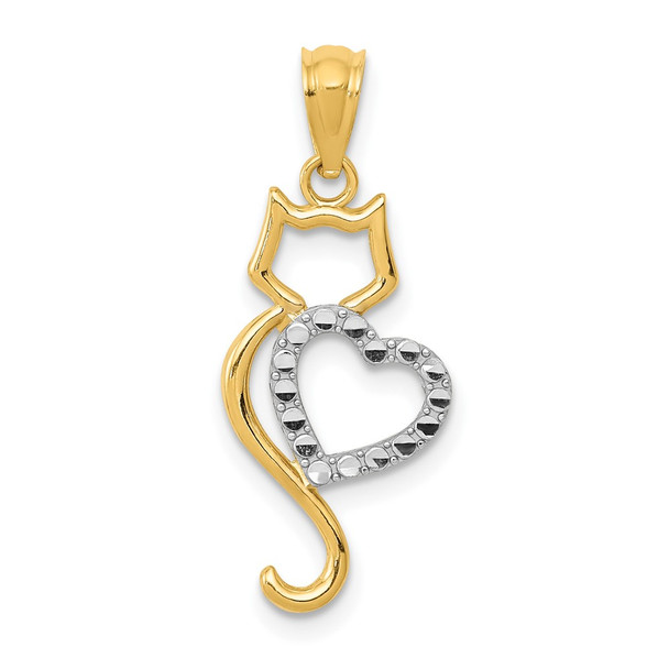 14k Yellow Gold Rhodium-Plated Polished Cat w/Heart Pendant